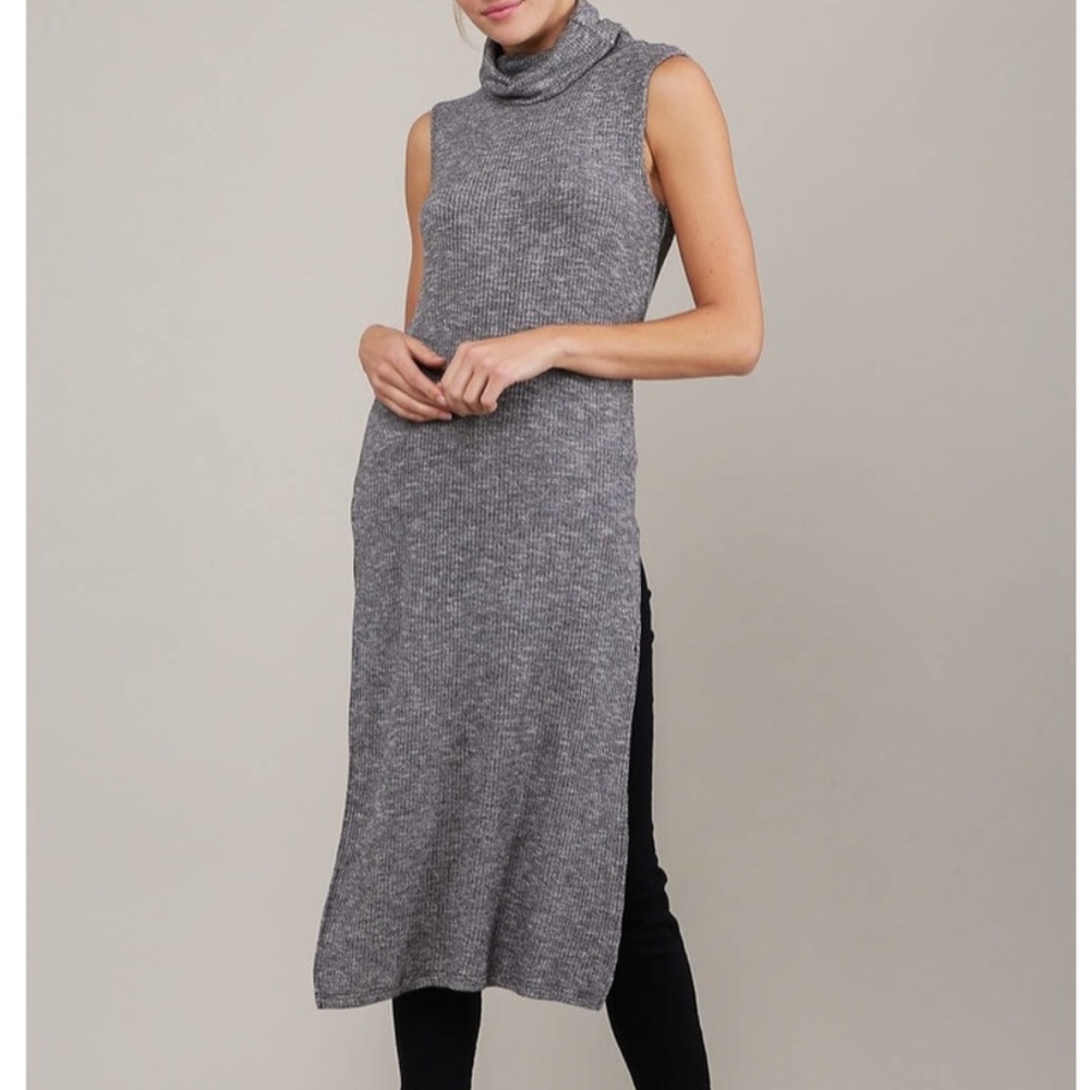 Sleeveless Cowlneck Knit Dress in Charcoal